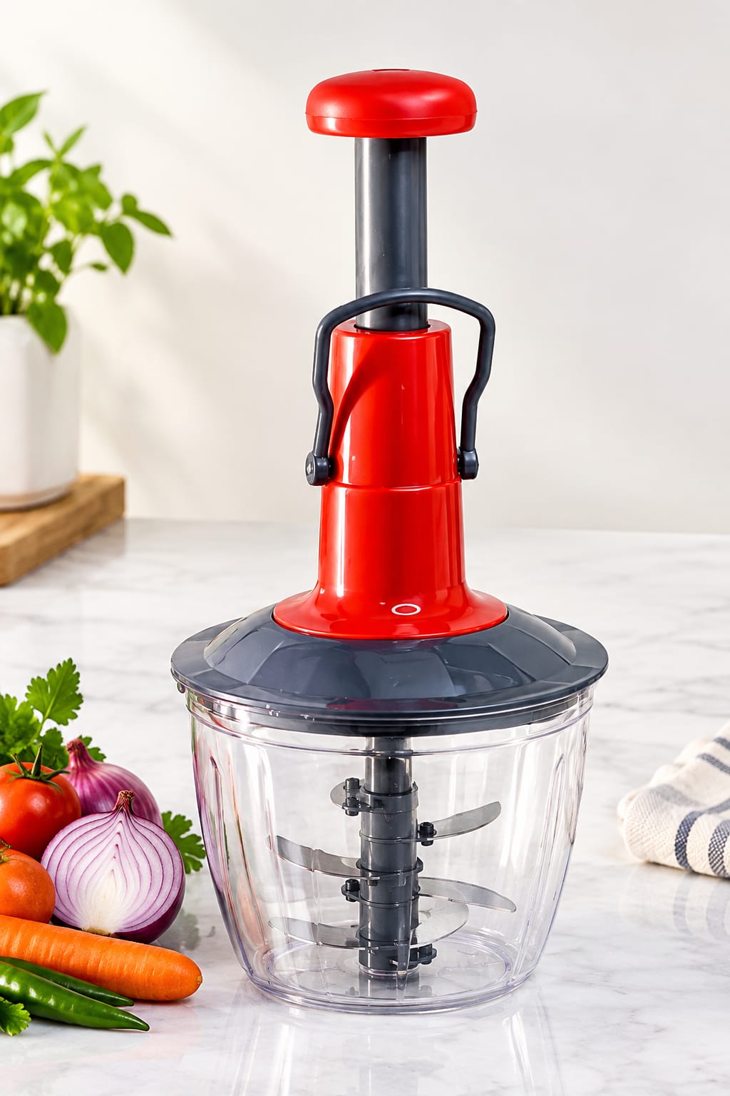 2 in 1  1000ml Twister Push Chopper with 5 Stainless Steel Blades | Manual Vegetable & Fruit Cutter | Hand Press Food Chopper for Onion, Garlic, Vegetables, Fruits, Nuts & Spices | Easy Kitchen Chopper