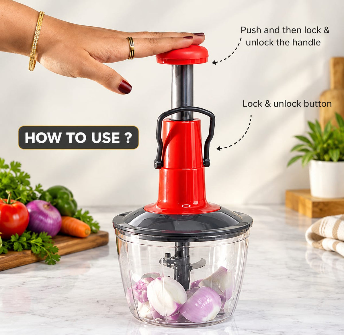2 in 1  1000ml Twister Push Chopper with 5 Stainless Steel Blades | Manual Vegetable & Fruit Cutter | Hand Press Food Chopper for Onion, Garlic, Vegetables, Fruits, Nuts & Spices | Easy Kitchen Chopper