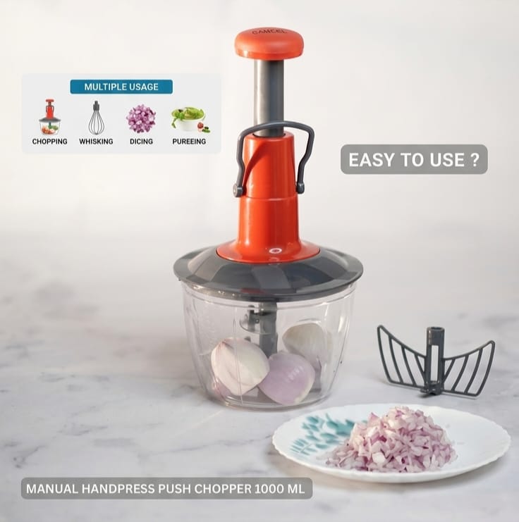 2 in 1  1000ml Twister Push Chopper with 5 Stainless Steel Blades | Manual Vegetable & Fruit Cutter | Hand Press Food Chopper for Onion, Garlic, Vegetables, Fruits, Nuts & Spices | Easy Kitchen Chopper
